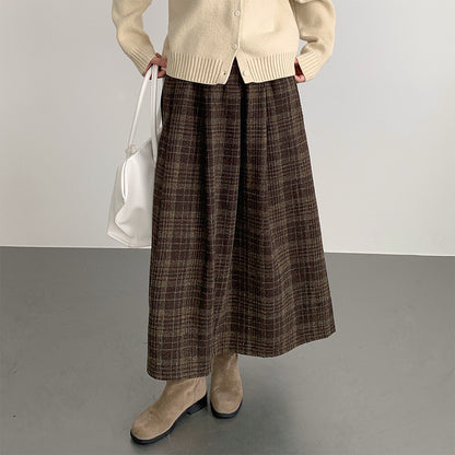 【LD11008】實拍復古毛呢格子高腰a字裙(左右有口袋）251110