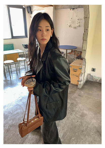 【H5398】實拍韓系高級感黑色皮衣西裝外套250902