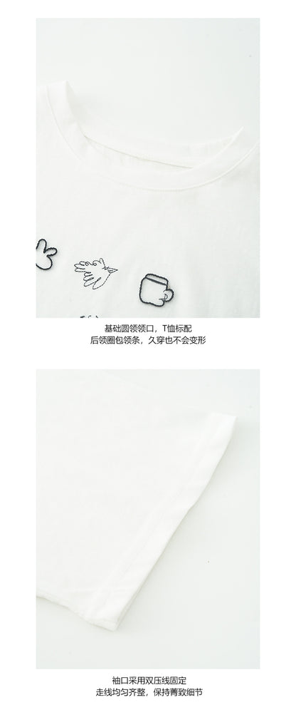【H5201】實拍韓系刺繡＋印花棉質寬鬆短袖T恤250422