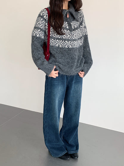 【LD11004】實拍兔絨毛混紡費爾島針織毛衣半拉鏈大翻領251110