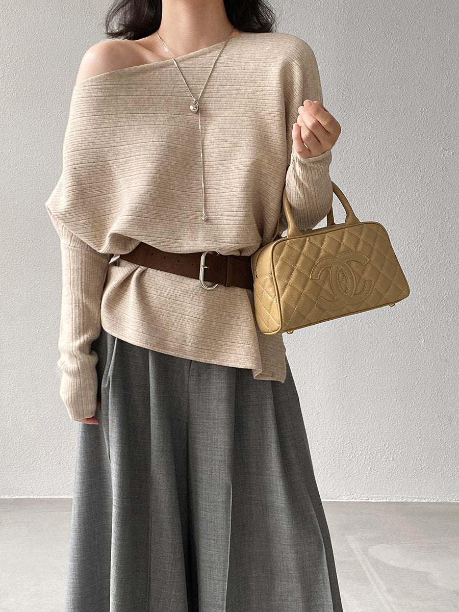 【cim9033】實拍韓系高級感長袖斜肩針織衫＋腰帶251030