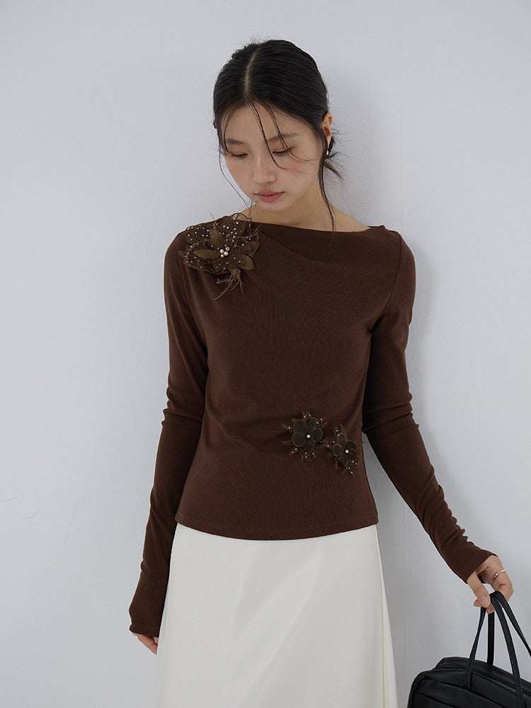 【LD3277】實拍立體花朵長袖一字領T恤251103