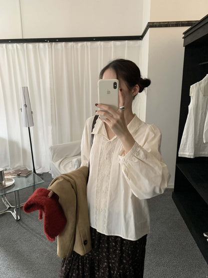 【H5488】實拍法式温柔蕾絲長袖襯衫251109