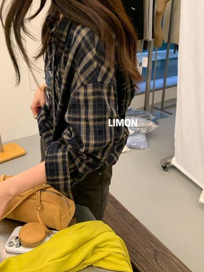 【L11002】檸檬家慵懶韓系・格紋寬鬆長袖襯衫 (附飄帶)260831