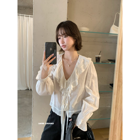【LR61027】實拍imiss簡約百搭！荷葉邊V領繫帶棉麻長袖襯衫260305