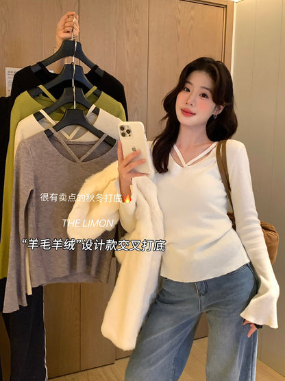 【L8368】實拍檸檬簡約羊毛羊絨喇叭袖長袖針織衫251117