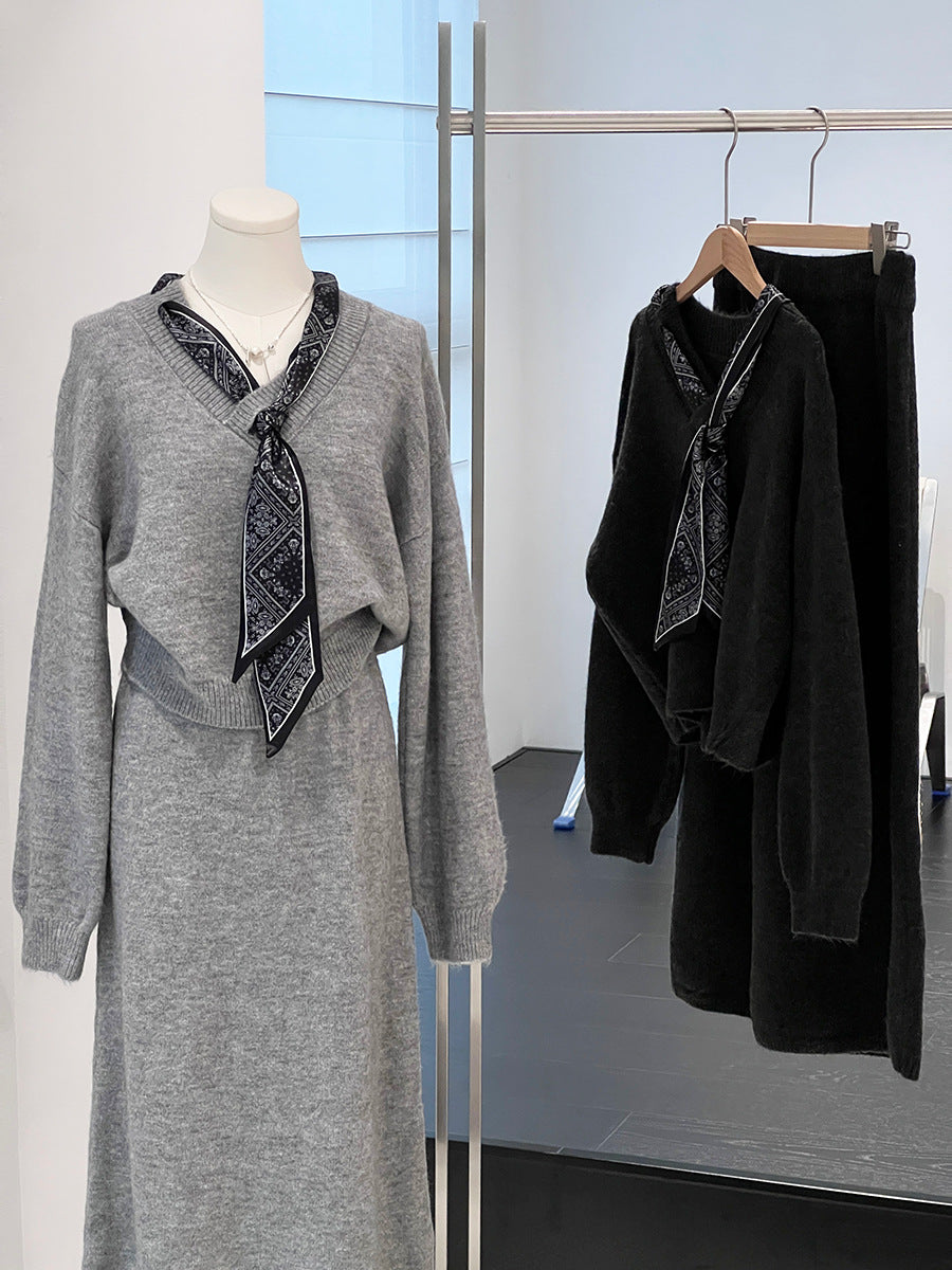 【cim823】實拍韓系軟糯短版針織毛衣+絲巾+針織長裙251030