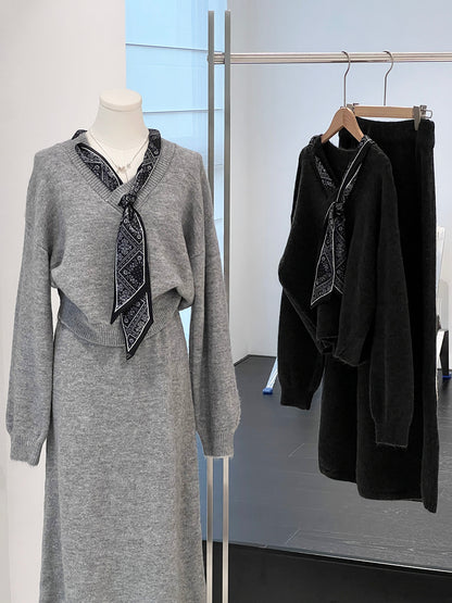 【cim823】實拍韓系軟糯短版針織毛衣+絲巾+針織長裙251030