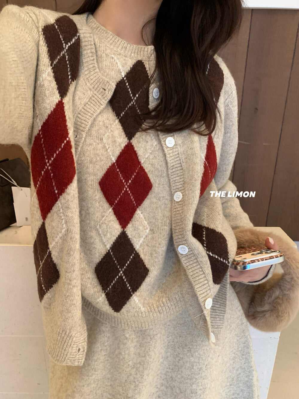 【L6880】實拍檸檬秋冬菱格針織開衫+圓領背心+針織裙251117