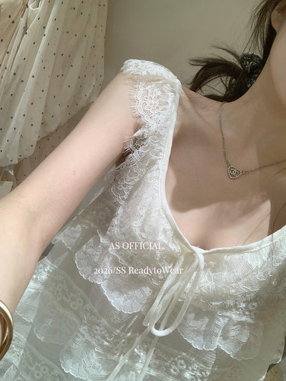 【L27010】韓系甜美純慾風🎀重工蕾絲多層荷葉邊綁帶無袖上衣260526