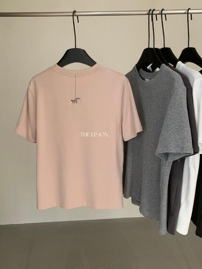 【L11059】檸檬早秋韓系簡約後背虛線小馬刺繡寬圓領寬鬆短袖T恤260728