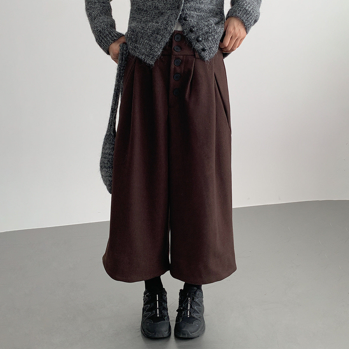 【LD3301】實拍韓系簡約高腰毛呢闊腿七分褲251103