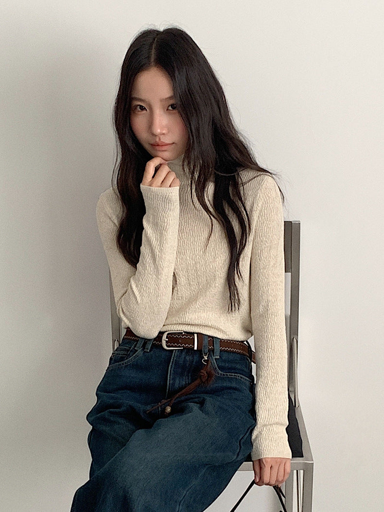 【LD11061】實拍紗網肌理超彈高領修身打底T恤251209