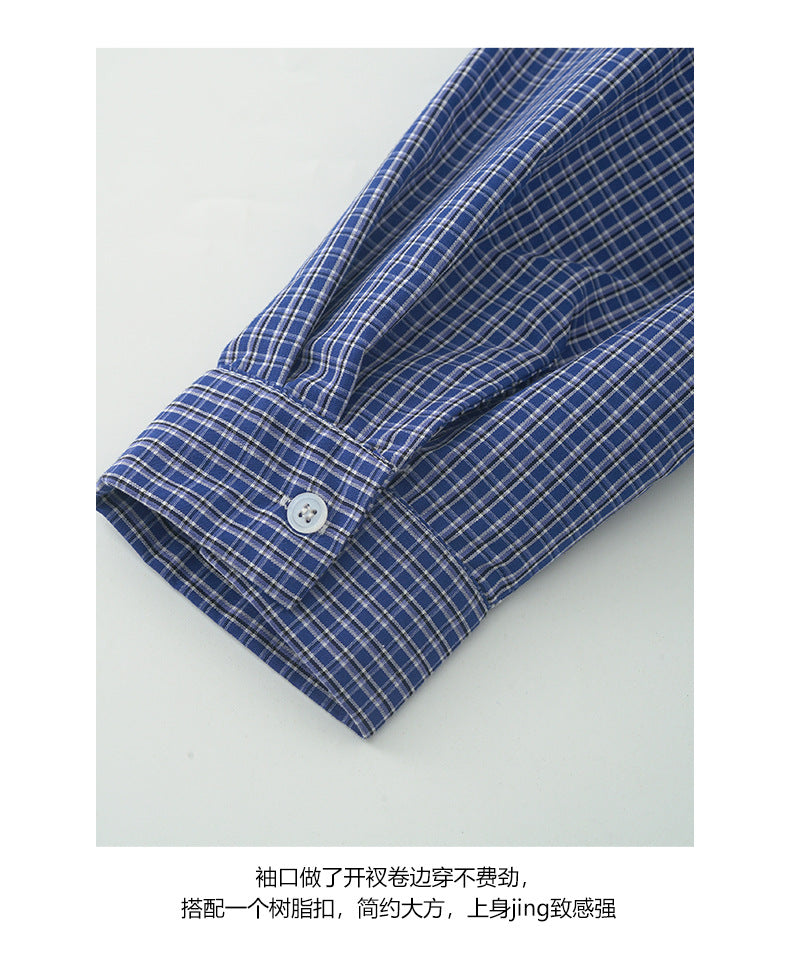 【H5401】實拍後背開叉藍色格子長袖襯衫250902