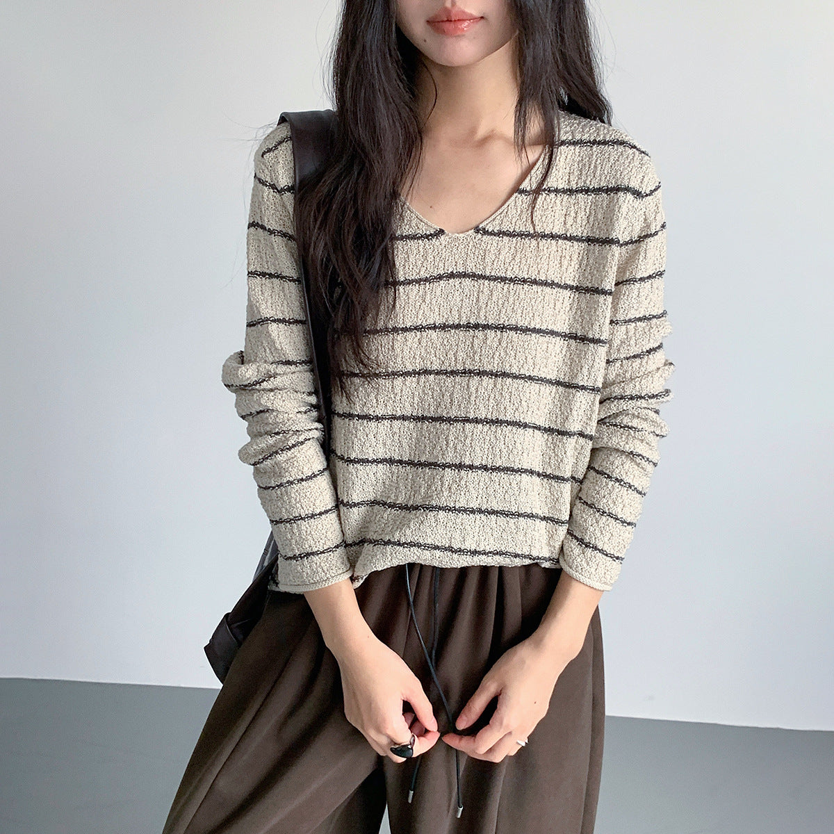 【LD11022】實拍肌理感寬鬆條紋針織衫251110