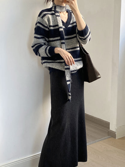 【Y25109】 實拍慵懶條紋V領毛衣＋圍巾(含羊毛3%) 251023