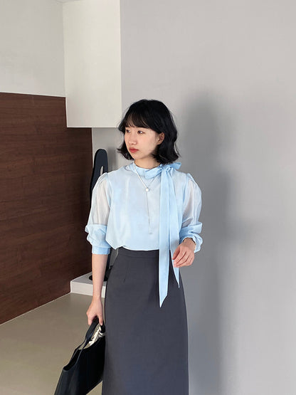 【cimz1186】韓系知性通勤🤍質感蝴蝶結飄帶天絲半高領長袖襯衫260319
