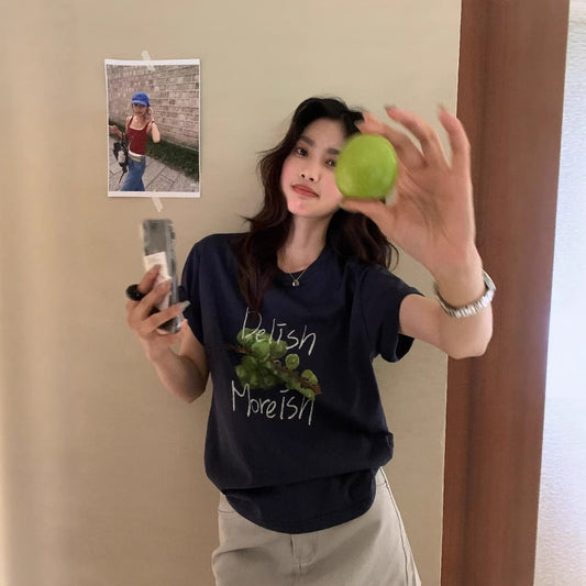 【L10228】可愛學院風🍓韓版水果印花寬鬆休閒圓領短袖T恤260511