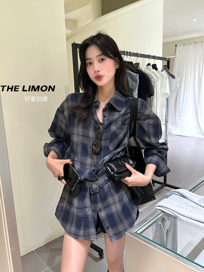 【L9205】實拍檸檬家復古磨毛格紋繫帶襯衫＋腰帶250901