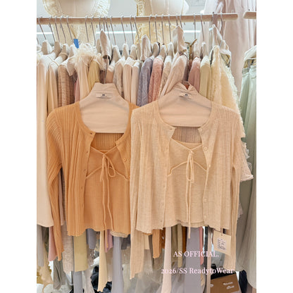 【L16019】實拍韓系慵懶氛圍感☁️針織小外套+綁帶細肩帶背心兩件套260330