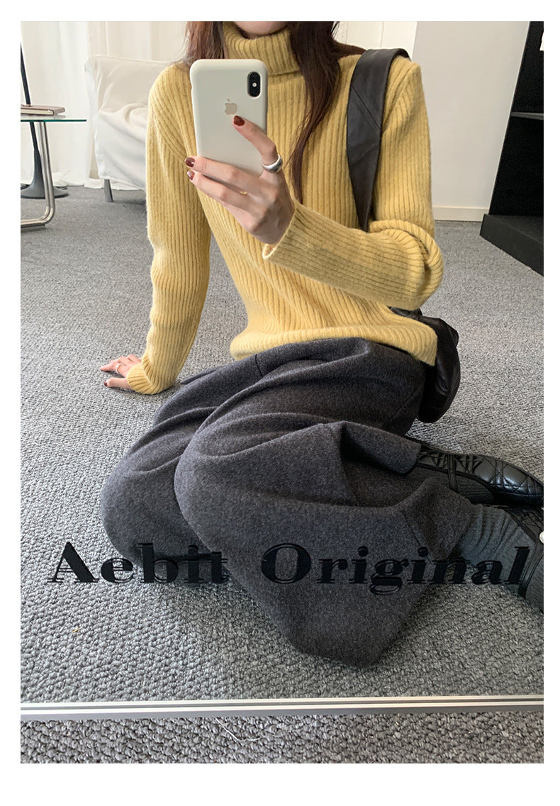 【H5491】實拍秋冬毛呢鬆緊腰加厚闊腿休閒褲251109