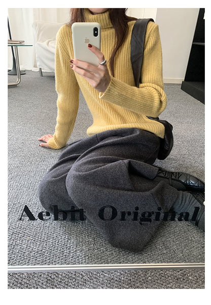 【H5491】實拍秋冬毛呢鬆緊腰加厚闊腿休閒褲251109