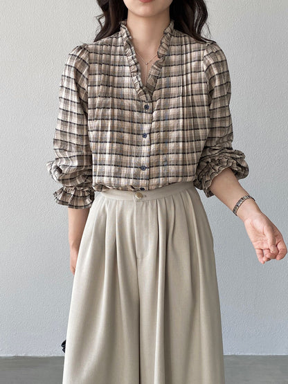 【cimz6509】復古浪漫主義🌹精緻木耳邊格紋長袖襯衫260319