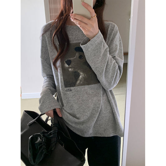 【H5499】實拍 復古磨毛狗狗印花長袖T恤251118