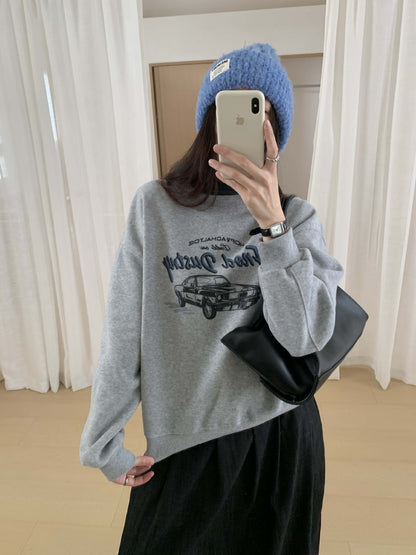 【H573】實拍美式汽車印花寬鬆圓領衛衣251021