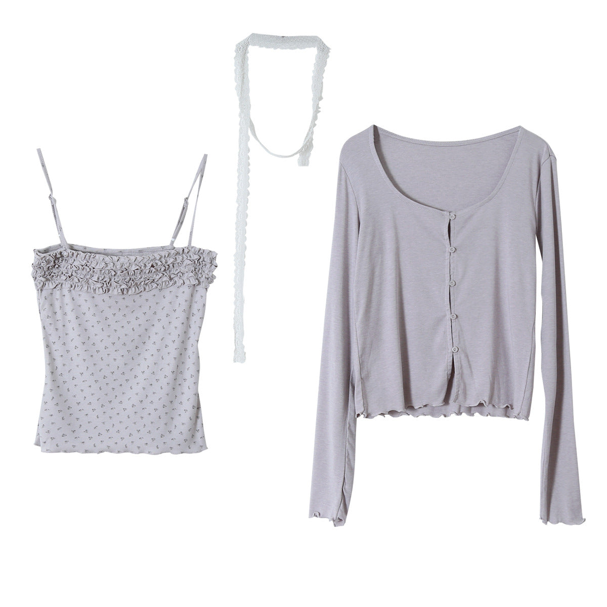 【LD11172】實拍仙女系紫藤花園💜淺紫長袖小外套+碎花細肩帶 套裝260317