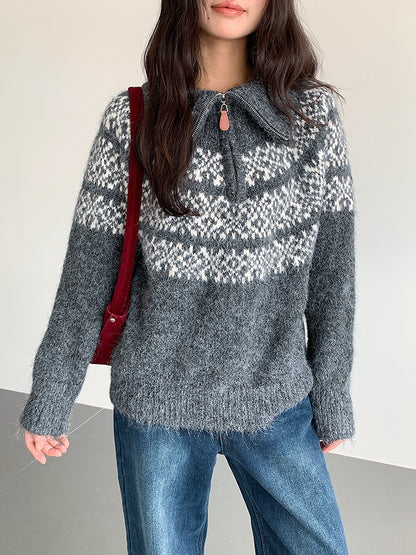 【LD11004】實拍兔絨毛混紡費爾島針織毛衣半拉鏈大翻領251110