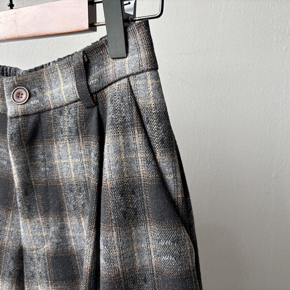 【YG8095】實拍日系復古呢料格紋直筒七分闊腿褲251016