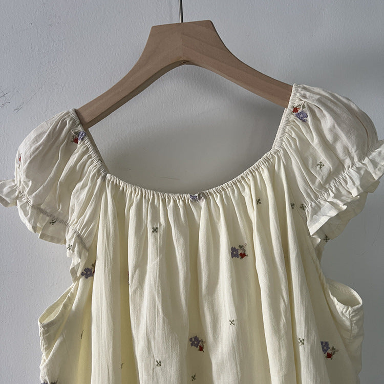 【LD11398】溫柔甜美仙女系🌸韓系氣質刺繡綁帶一字領短袖上衣/襯衫260720