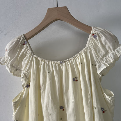 【LD11398】溫柔甜美仙女系🌸韓系氣質刺繡綁帶一字領短袖上衣/襯衫260720