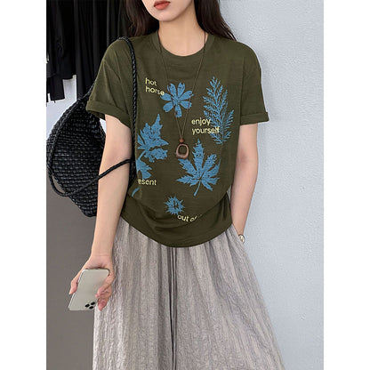 【cimz1973】夏日森林系女孩🍃韓系復古樹葉印花寬鬆高級感短袖T恤260709