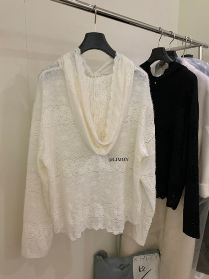 【L9359】實拍檸檬秋冬重工鈎花蕾絲寬鬆連帽蕾絲衫251117