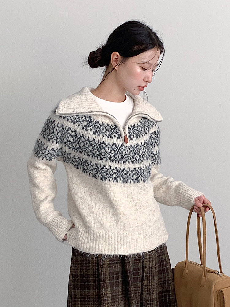 【LD11004】實拍兔絨毛混紡費爾島針織毛衣半拉鏈大翻領251110