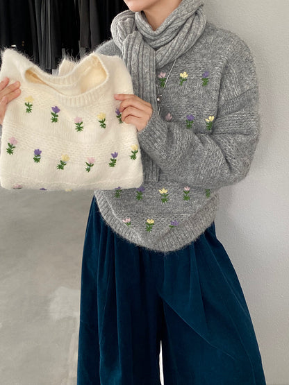 【cimz1377】實拍清新高級刺繡小花羊毛針織毛衣251128