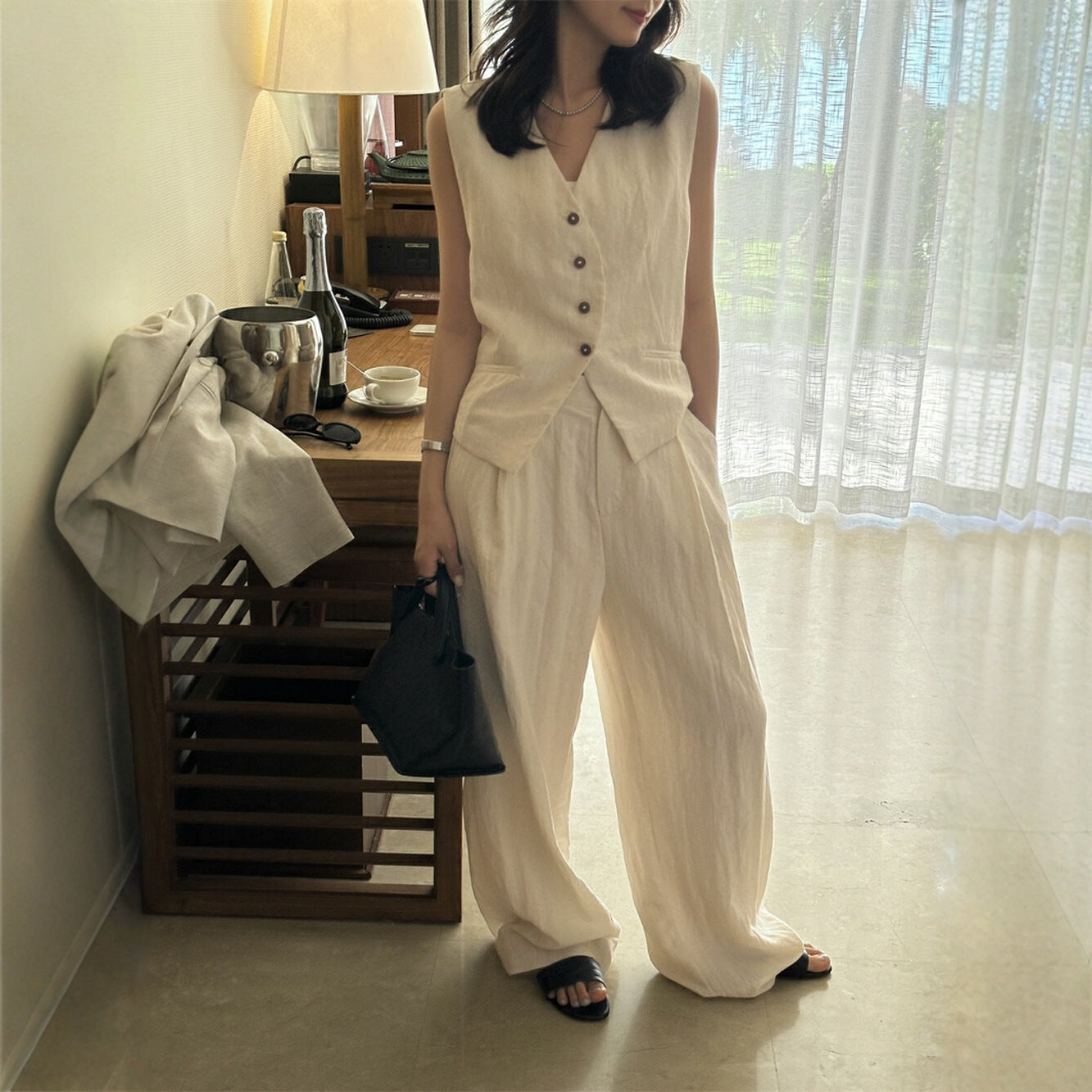【L8213】實拍檸檬夏日老錢風亞麻背心+闊腿休閒褲 套裝250421