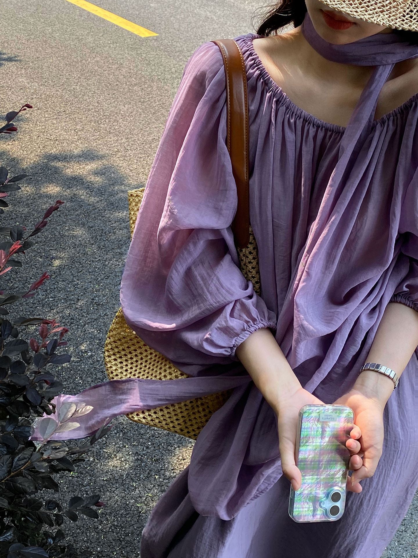 【cimz1969】法式浪漫度假風💜慵懶氛圍感一字領襯衫+紫色長裙兩件套260709