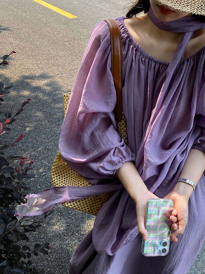 【cimz1969】法式浪漫度假風💜慵懶氛圍感一字領襯衫+紫色長裙兩件套260709