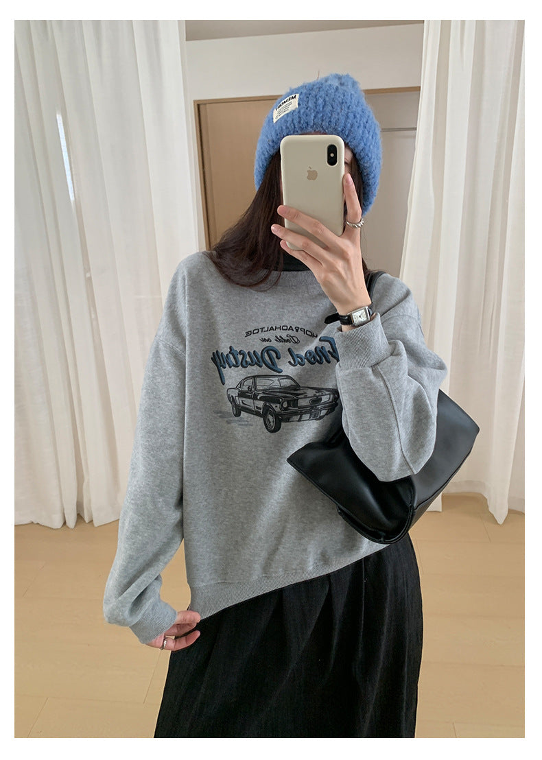 【H573】實拍美式汽車印花寬鬆圓領衛衣251021