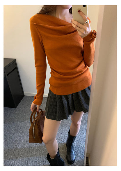 【H5487】實拍秋冬褶皺露肩針織衫251109