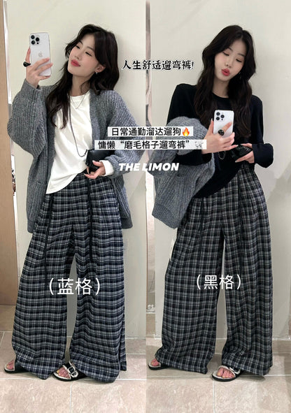 【L1133】實拍檸檬秋季格紋磨毛高腰闊腿褲＋腰帶250930