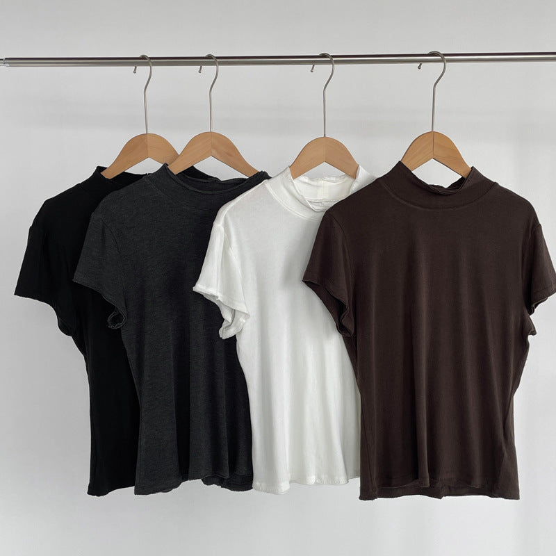 【cimH66207】極簡百搭・正肩半高領毛邊短袖t-shirt 260828