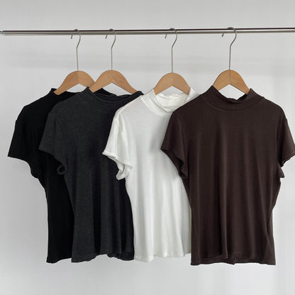 【cimH66207】極簡百搭・正肩半高領毛邊短袖t-shirt 260828