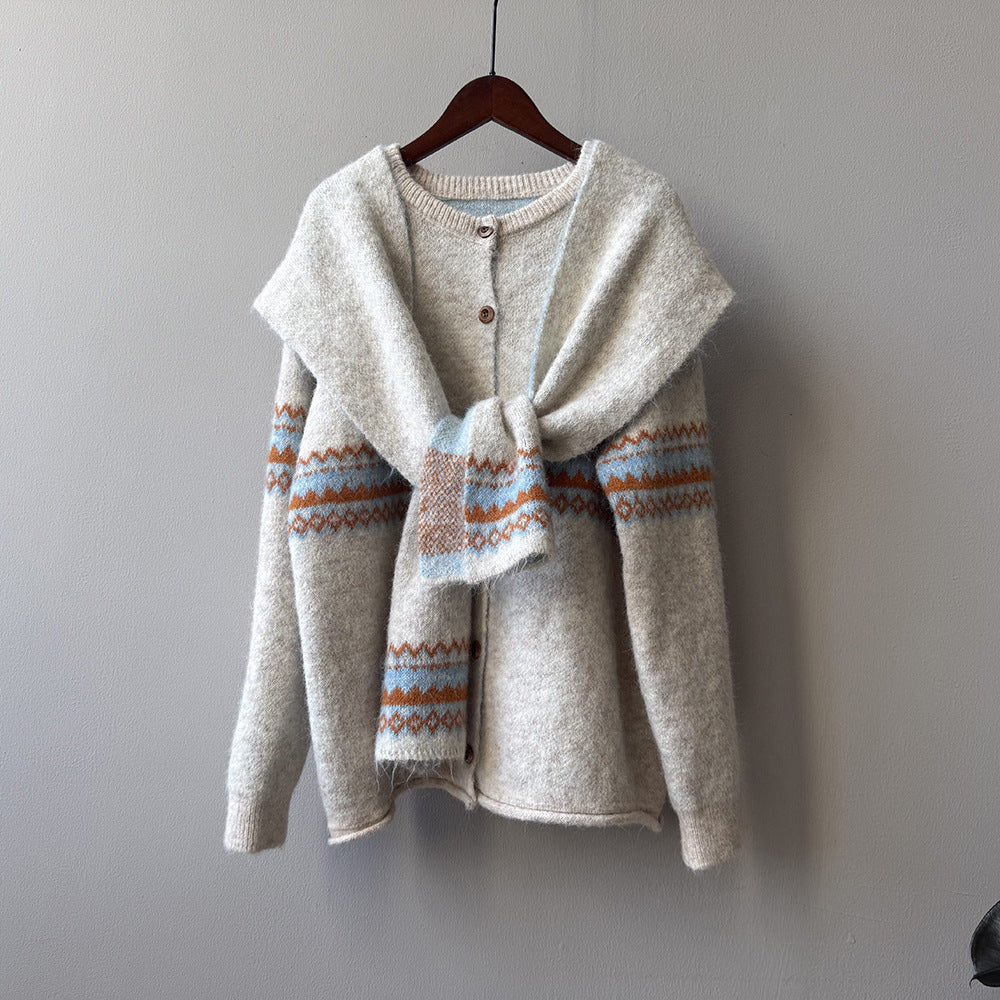 【YP6106】 實拍費爾島提花針織外套＋圍巾(含羊毛3%) 251023