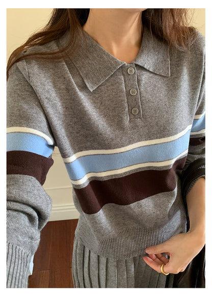 【H5518】實拍復古中性條紋針織衫＋針織百褶裙251125