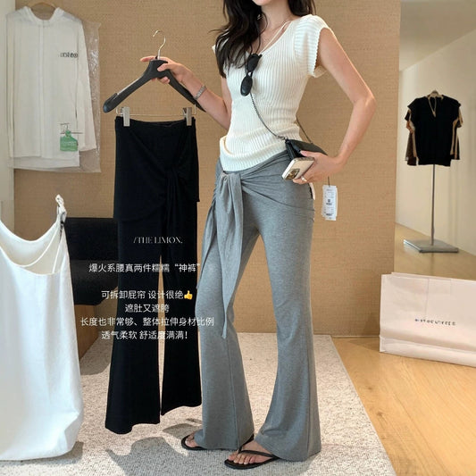 【L10599】層次感穿搭必備👖韓系百搭修身垂墜感微喇叭休閒褲(附外搭裙)260511