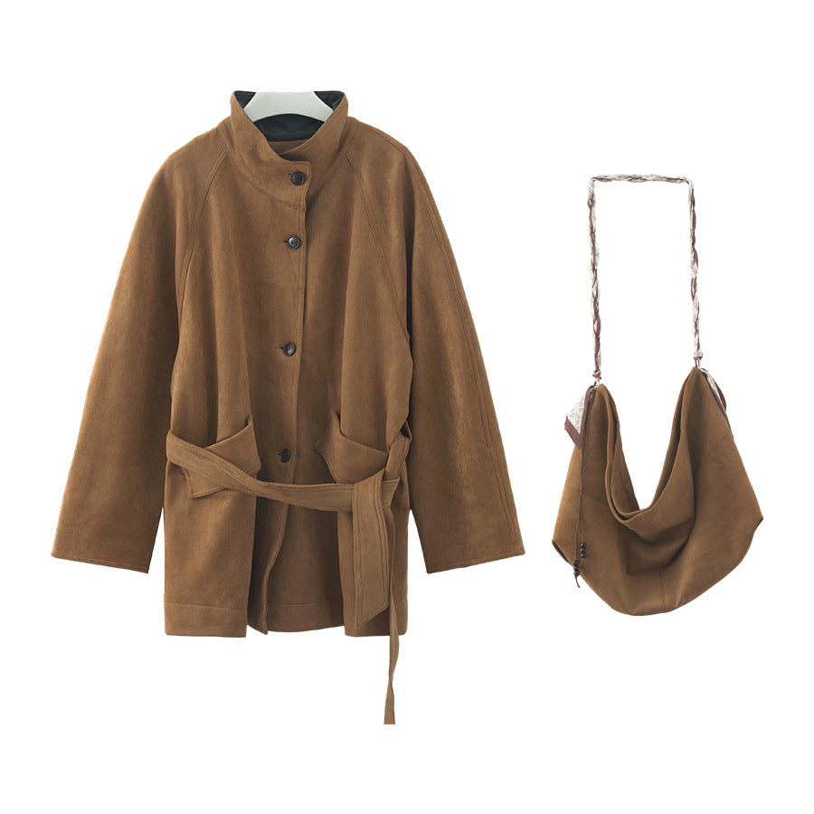 【H569】實拍復古個性皮革拼麂皮絨大衣外套＋麂皮肩背包251021